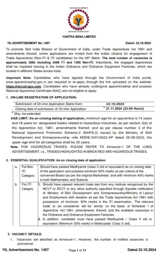 Yantra India Limited Vacancy 2024